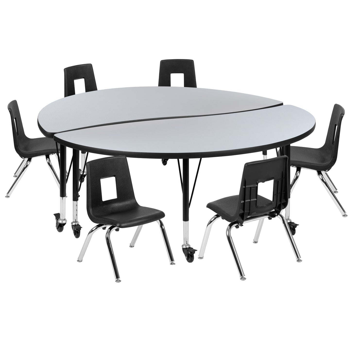 Emmy Mobile 60" Circle Wave Flexible Laminate Activity Table Set with 14" Student Stack Chairs, Grey/Black Grey XU-GRP-14CH-A60-HCIRC-GY-T-P-CAS-GG