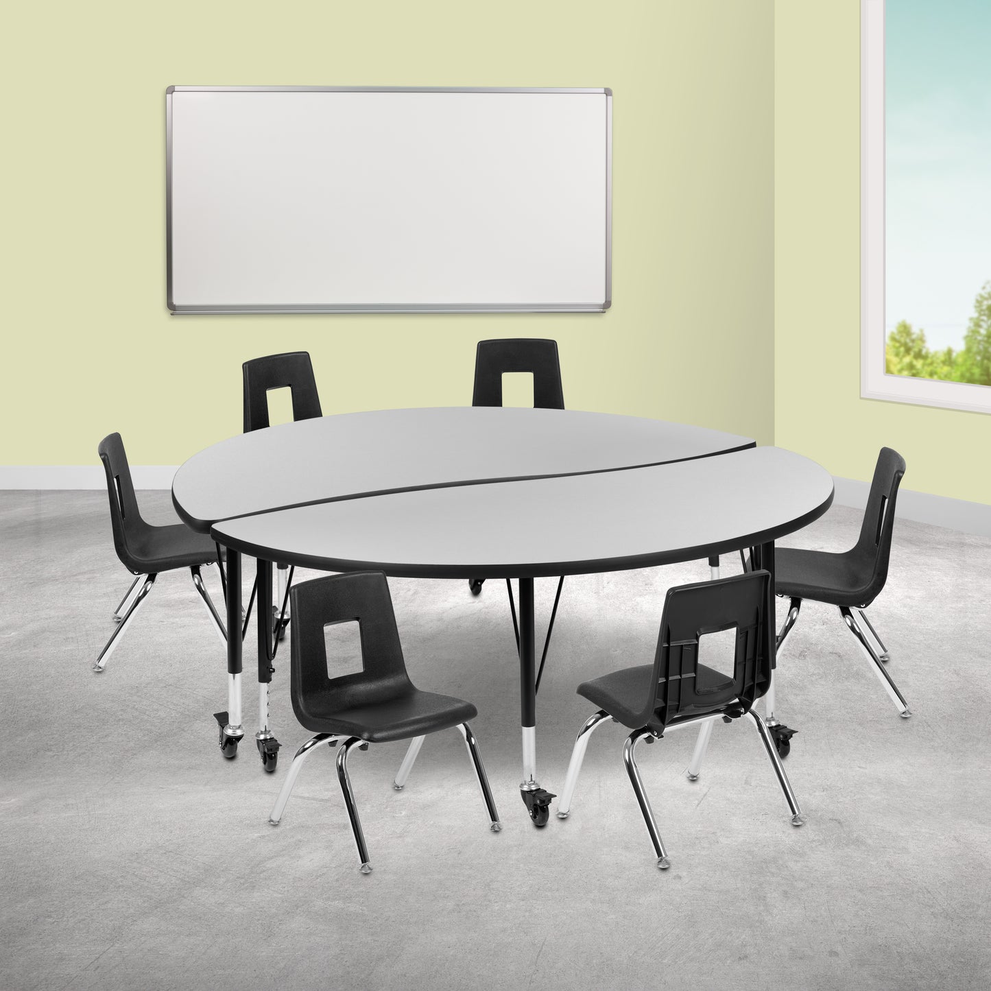 Emmy Mobile 60" Circle Wave Flexible Laminate Activity Table Set with 14" Student Stack Chairs, Grey/Black Grey XU-GRP-14CH-A60-HCIRC-GY-T-P-CAS-GG