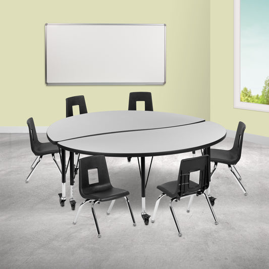 Emmy Mobile 60" Circle Wave Flexible Laminate Activity Table Set with 14" Student Stack Chairs, Grey/Black Grey