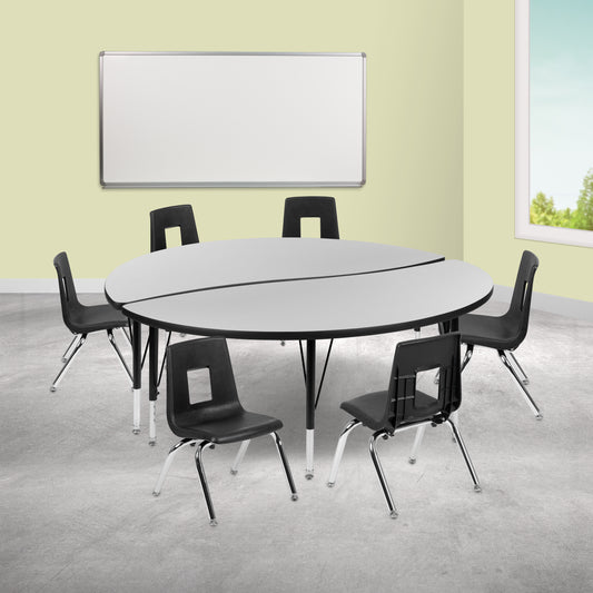 Emmy 60" Circle Wave Flexible Laminate Activity Table Set with 14" Student Stack Chairs, Grey/Black Grey