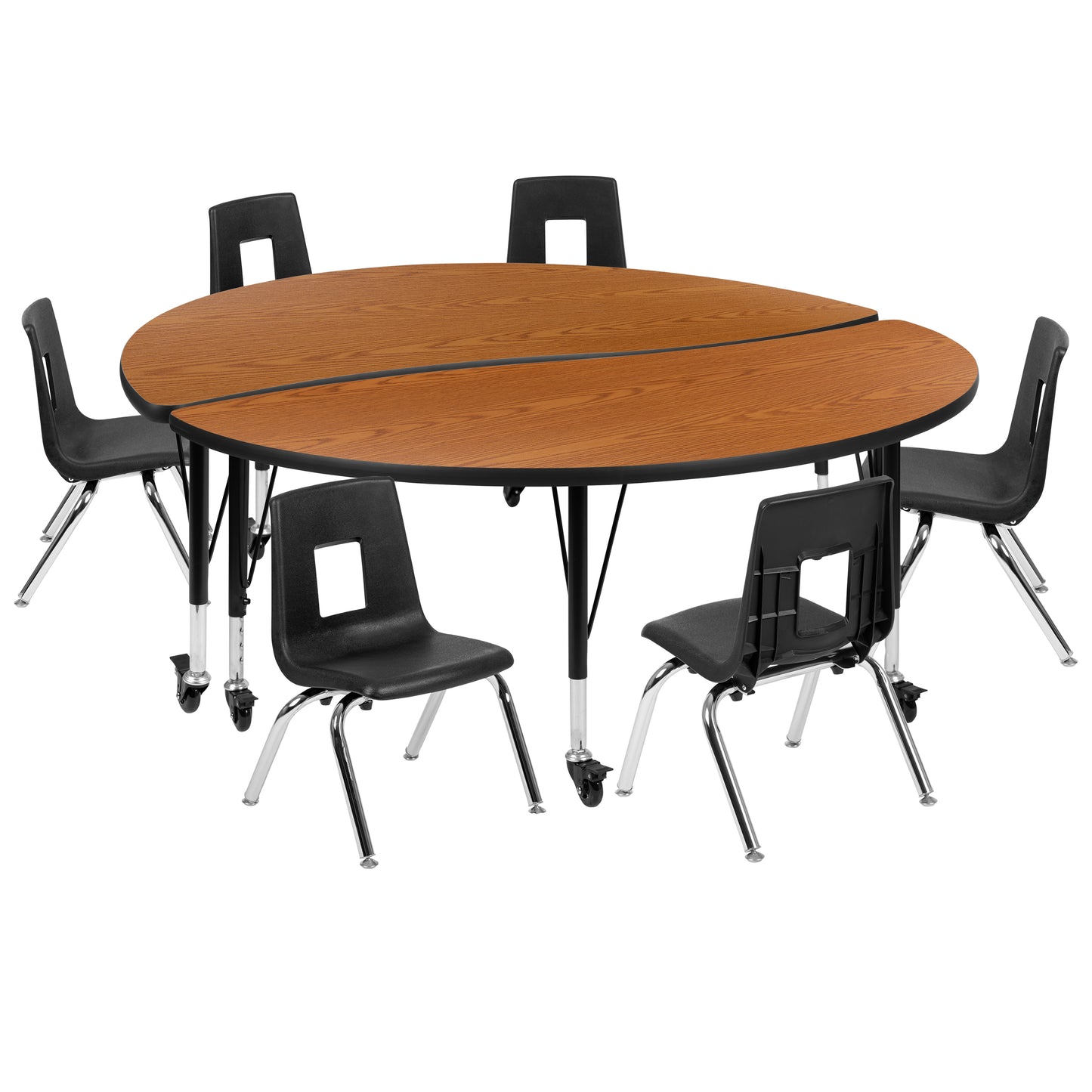 Emmy Mobile 60" Circle Wave Flexible Laminate Activity Table Set with 14" Student Stack Chairs, Oak/Black Oak