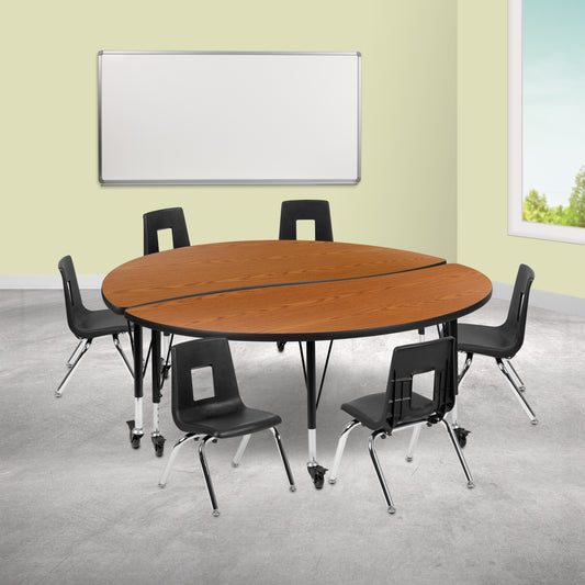 Emmy Mobile 60" Circle Wave Flexible Laminate Activity Table Set with 14" Student Stack Chairs, Oak/Black Oak