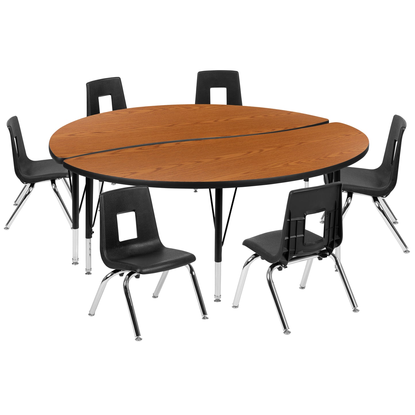 Emmy 60" Circle Wave Flexible Laminate Activity Table Set with 14" Student Stack Chairs, Oak/Black Oak XU-GRP-14CH-A60-HCIRC-OAK-T-P-GG