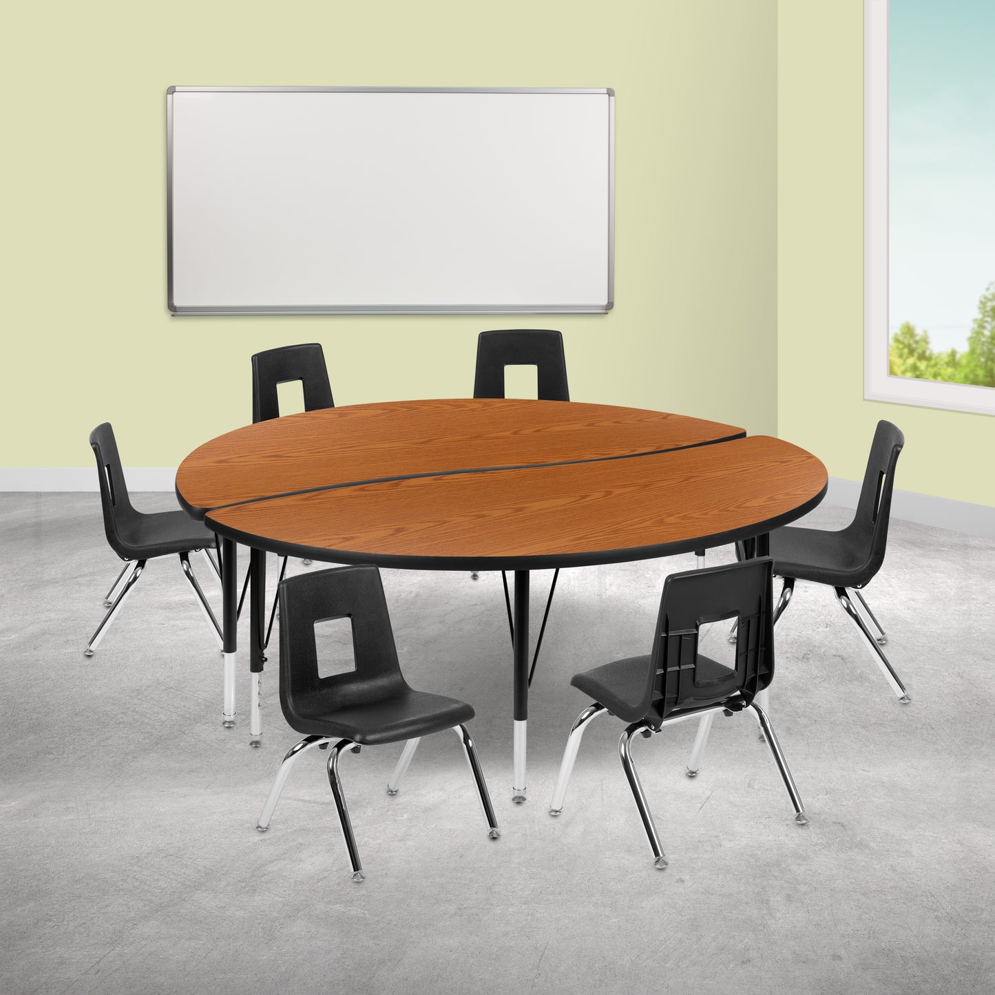 Emmy 60" Circle Wave Flexible Laminate Activity Table Set with 14" Student Stack Chairs, Oak/Black Oak XU-GRP-14CH-A60-HCIRC-OAK-T-P-GG