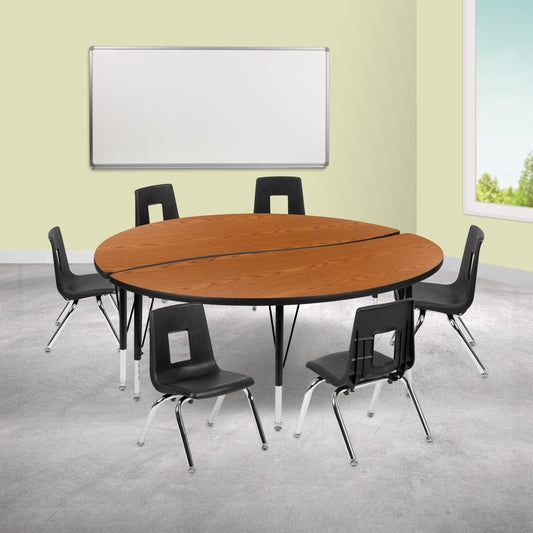 Emmy 60" Circle Wave Flexible Laminate Activity Table Set with 14" Student Stack Chairs, Oak/Black Oak