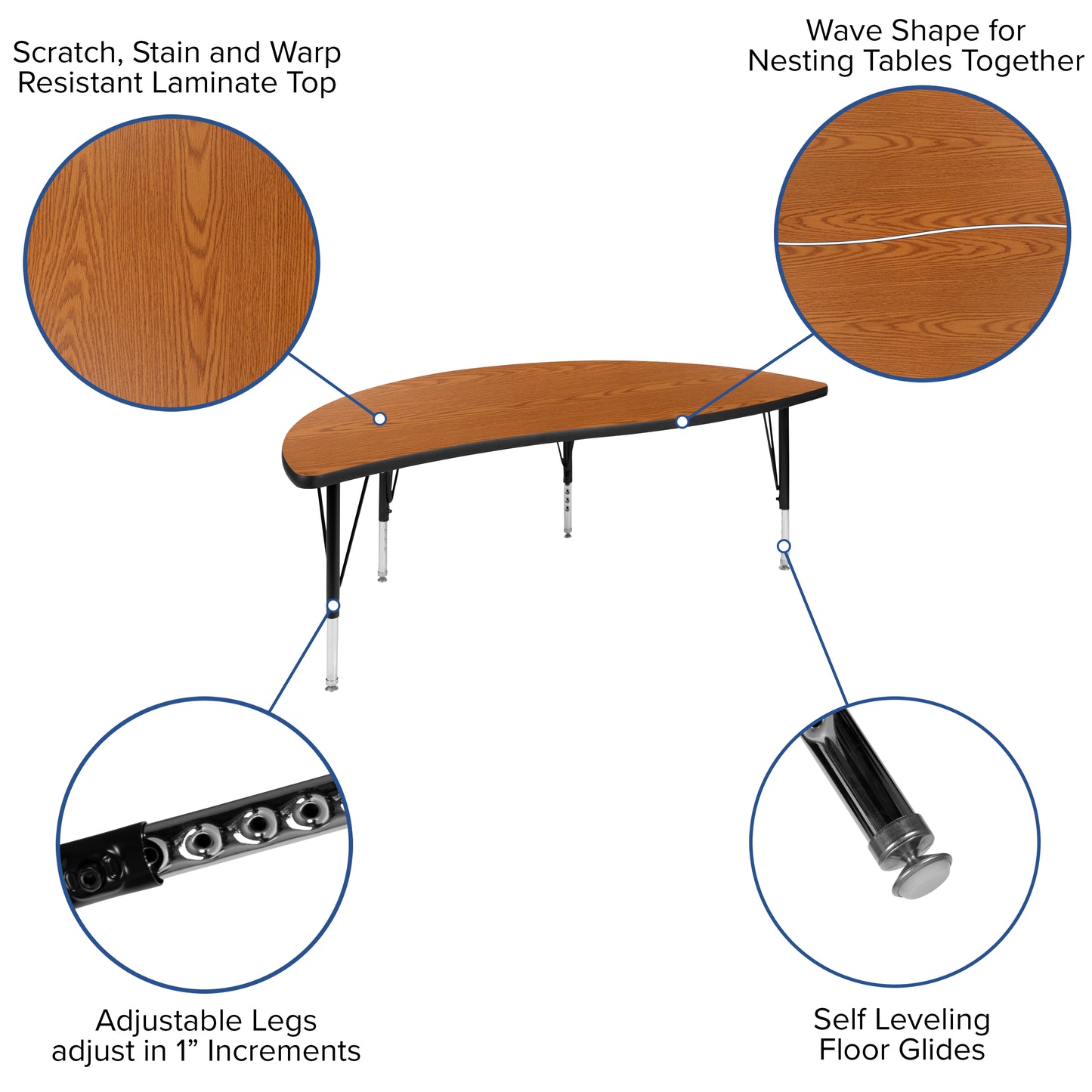 Emmy 60" Circle Wave Flexible Laminate Activity Table Set with 14" Student Stack Chairs, Oak/Black Oak XU-GRP-14CH-A60-HCIRC-OAK-T-P-GG