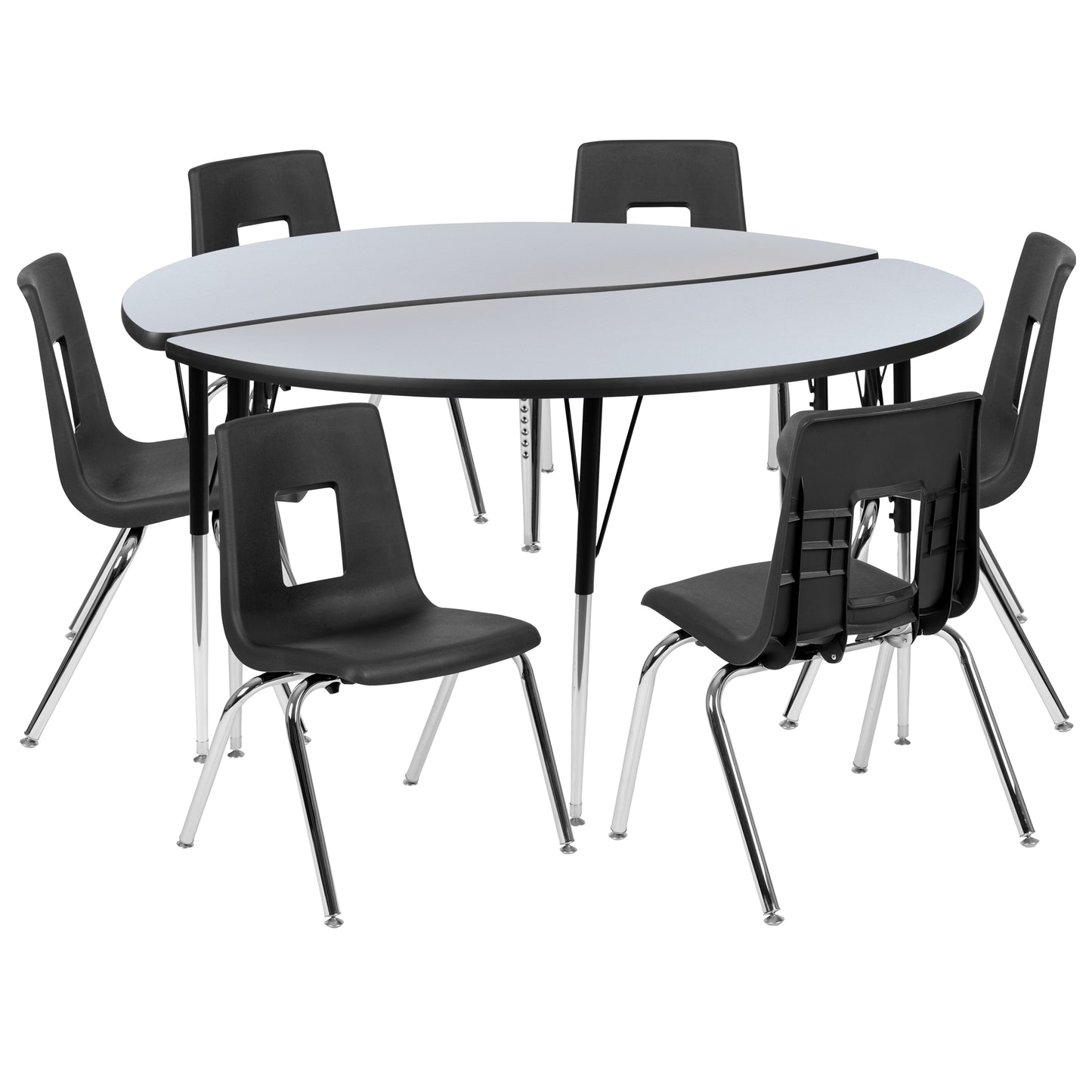 Emmy 60" Circle Wave Flexible Laminate Activity Table Set with 16" Student Stack Chairs, Grey/Black Grey XU-GRP-16CH-A60-HCIRC-GY-T-A-GG