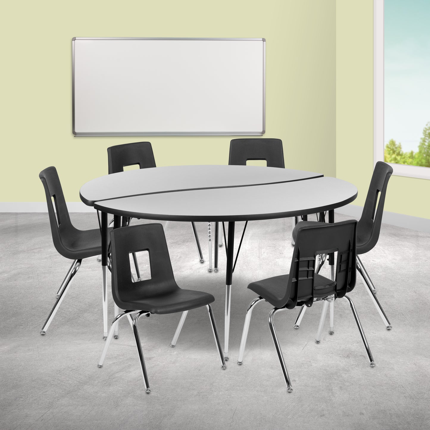 Emmy 60" Circle Wave Flexible Laminate Activity Table Set with 16" Student Stack Chairs, Grey/Black Grey XU-GRP-16CH-A60-HCIRC-GY-T-A-GG