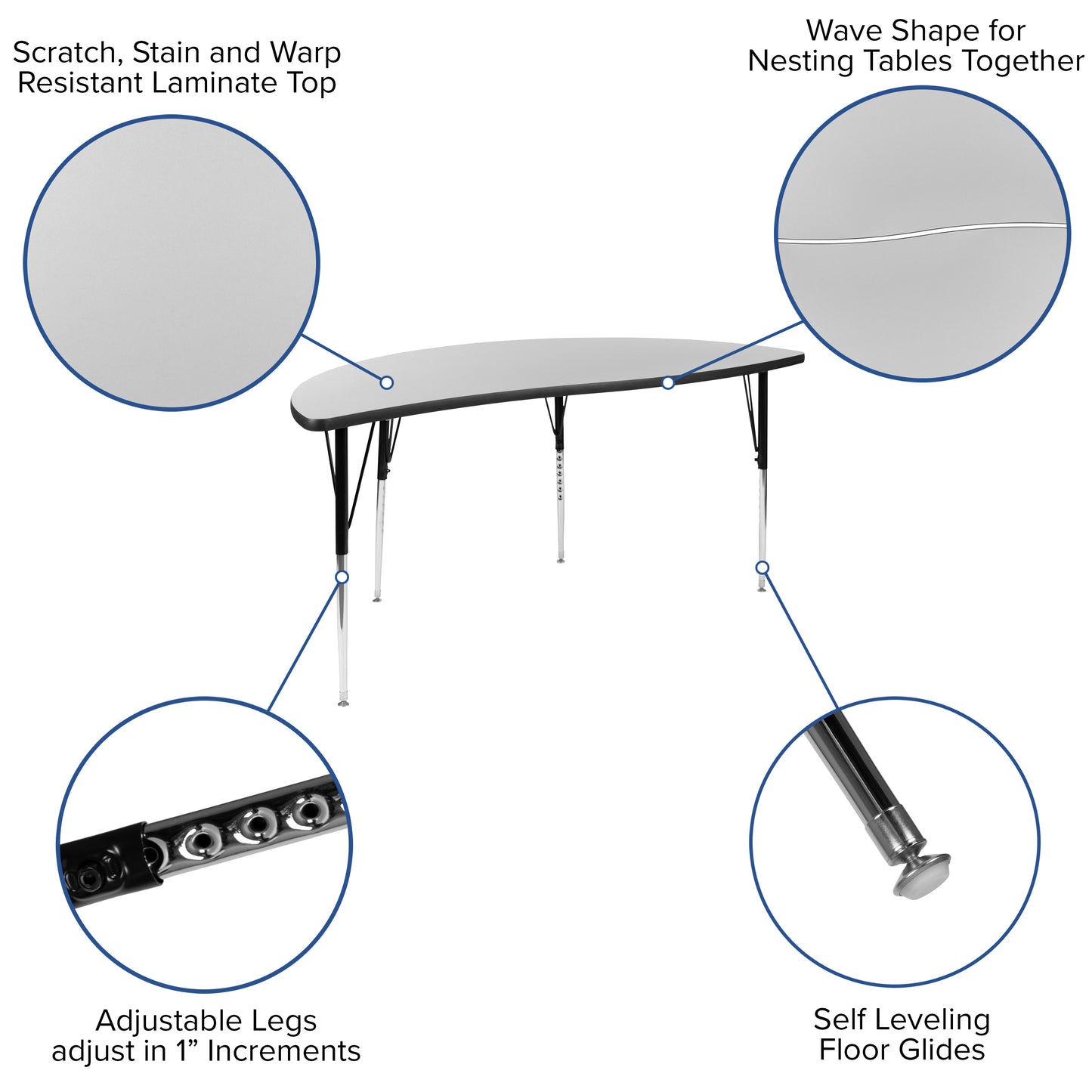 Emmy 60" Circle Wave Flexible Laminate Activity Table Set with 16" Student Stack Chairs, Grey/Black Grey XU-GRP-16CH-A60-HCIRC-GY-T-A-GG