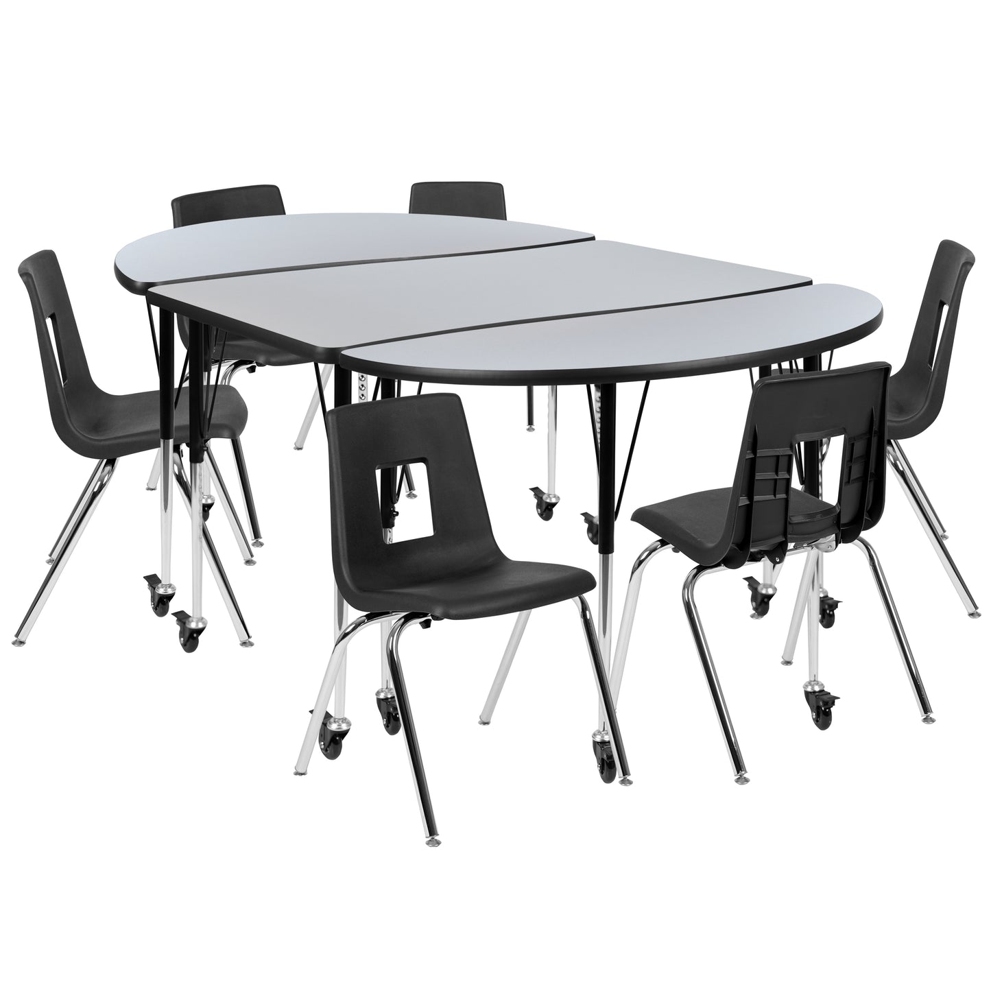Emmy Mobile 76" Oval Wave Flexible Laminate Activity Table Set with 18" Student Stack Chairs, Grey/Black Grey