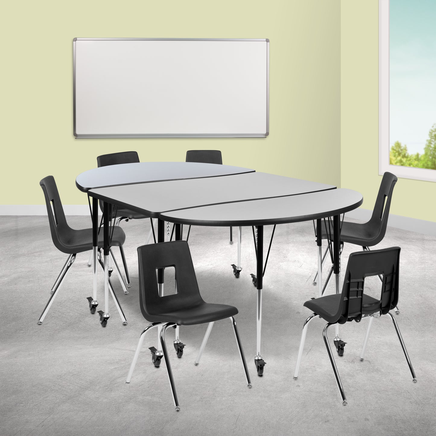 Emmy Mobile 76" Oval Wave Flexible Laminate Activity Table Set with 18" Student Stack Chairs, Grey/Black Grey