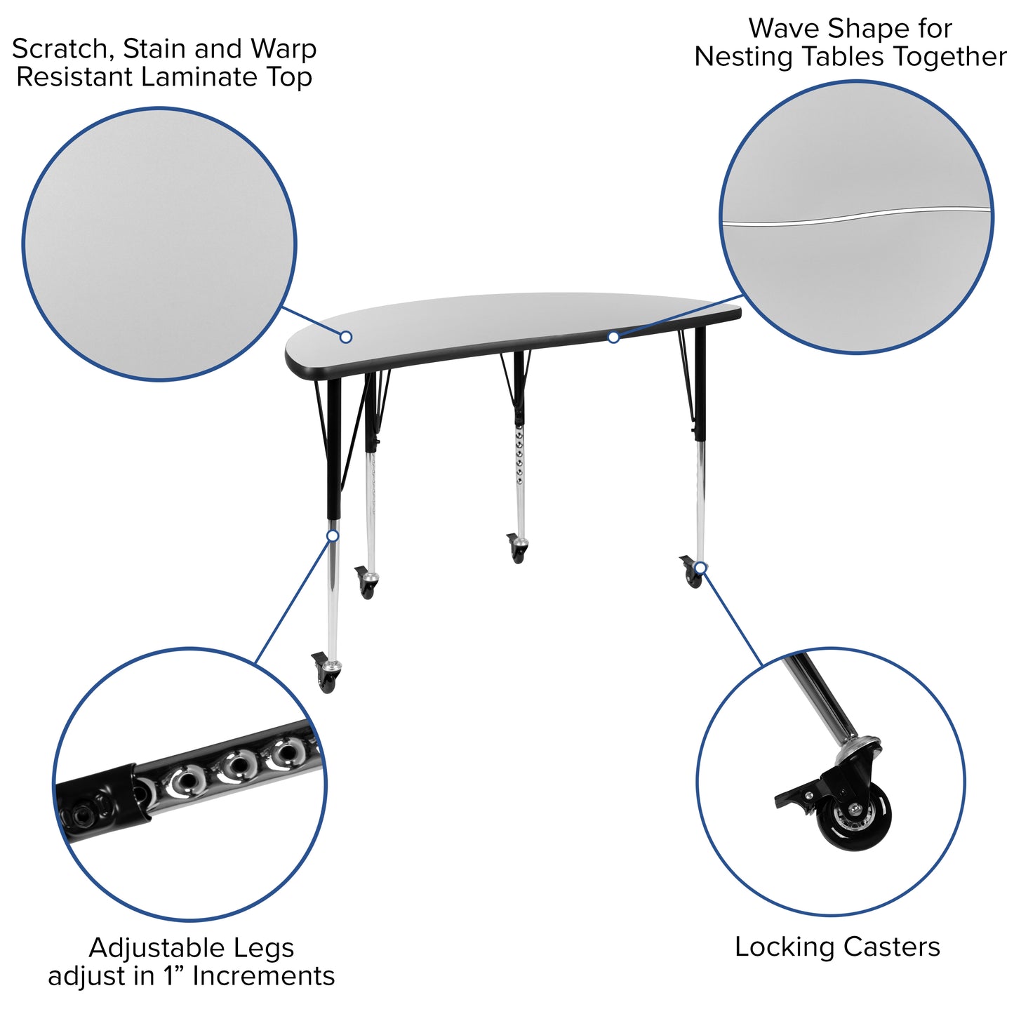 Emmy Mobile 76" Oval Wave Flexible Laminate Activity Table Set with 18" Student Stack Chairs, Grey/Black Grey