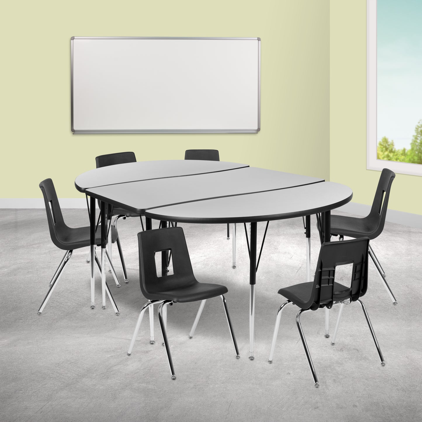 Emmy 76" Oval Wave Flexible Laminate Activity Table Set with 18" Student Stack Chairs, Grey/Black Grey