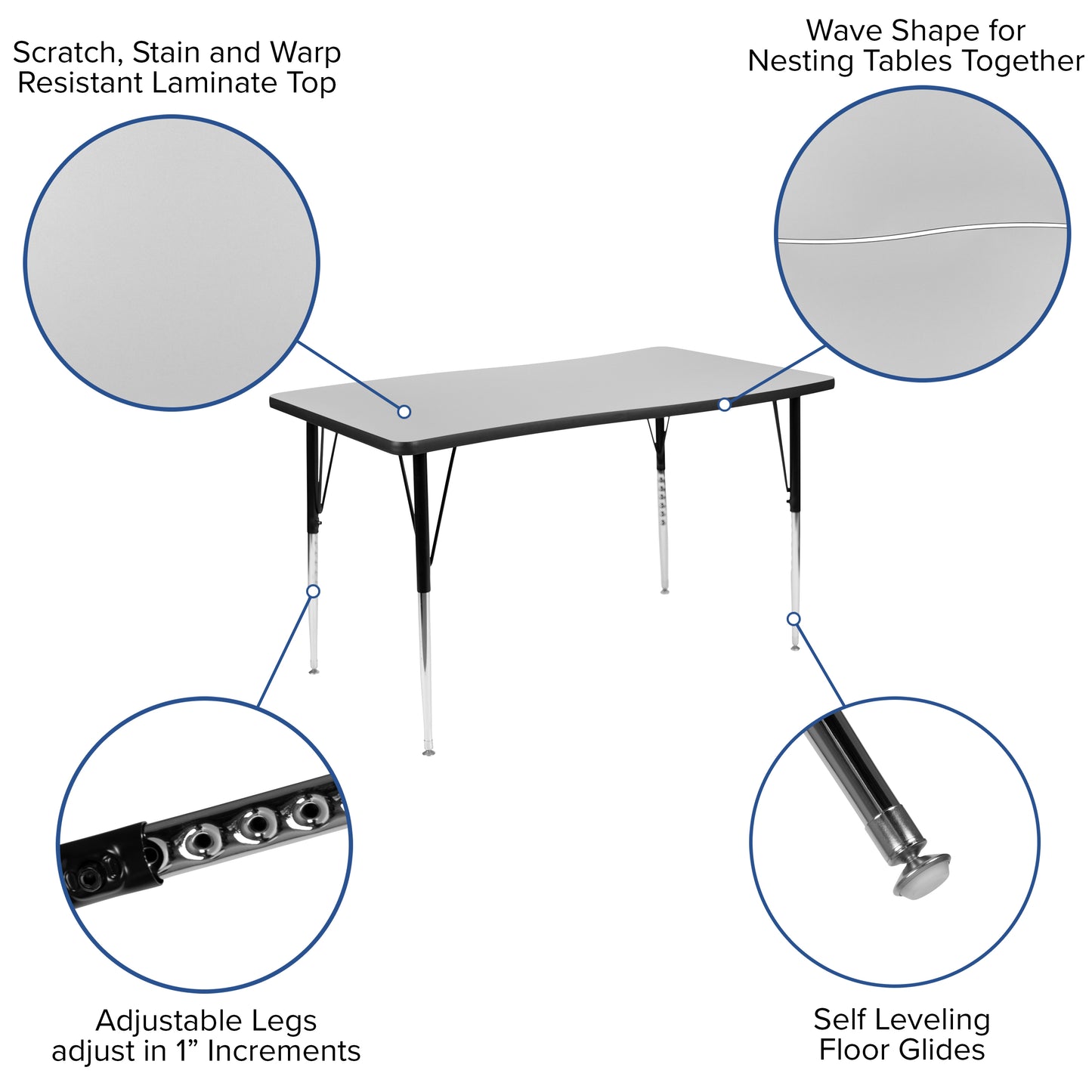 Emmy 76" Oval Wave Flexible Laminate Activity Table Set with 18" Student Stack Chairs, Grey/Black Grey