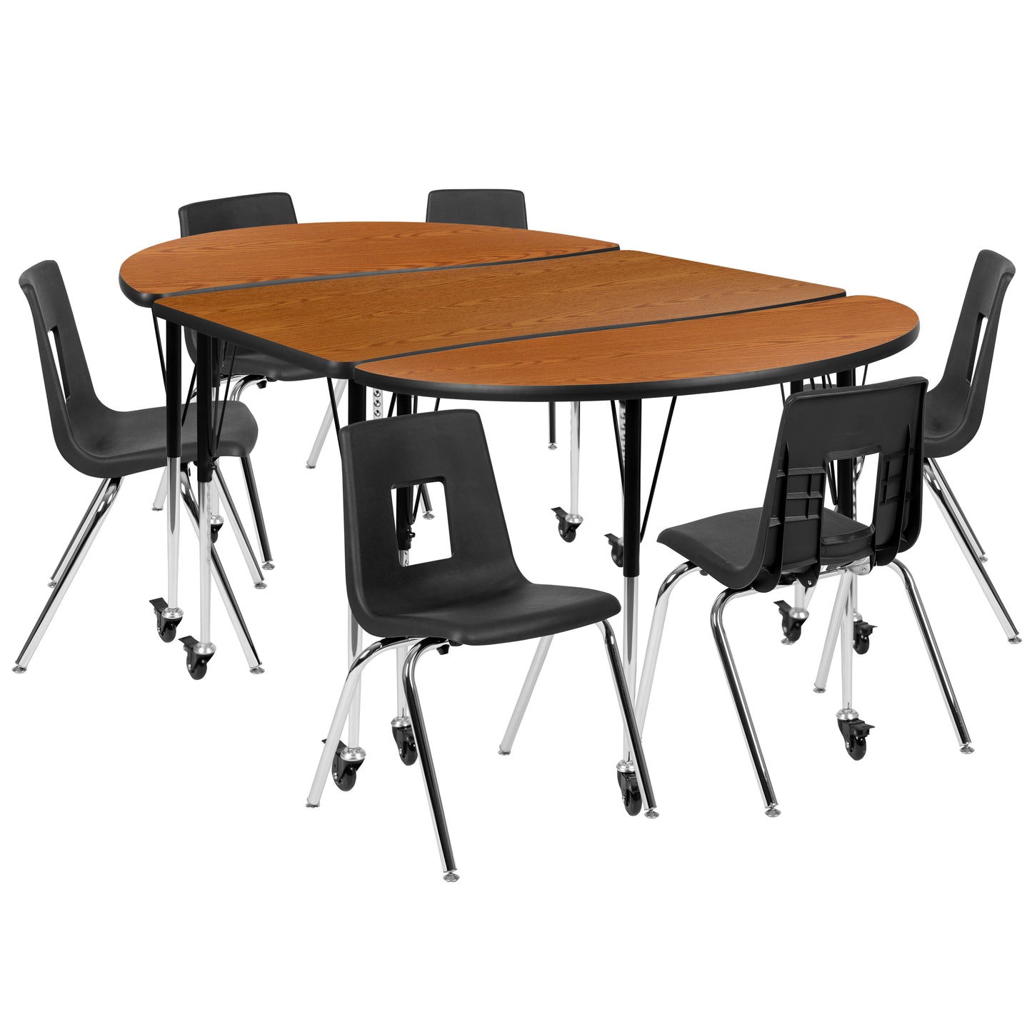 Emmy Mobile 76" Oval Wave Flexible Laminate Activity Table Set with 18" Student Stack Chairs, Oak/Black Oak