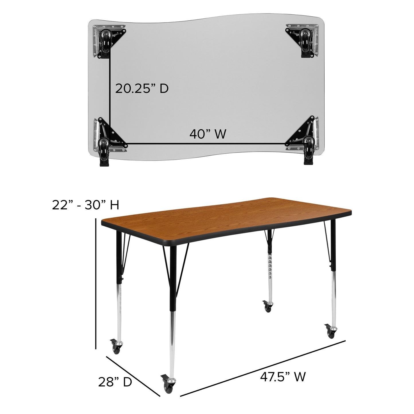 Emmy Mobile 76" Oval Wave Flexible Laminate Activity Table Set with 18" Student Stack Chairs, Oak/Black Oak