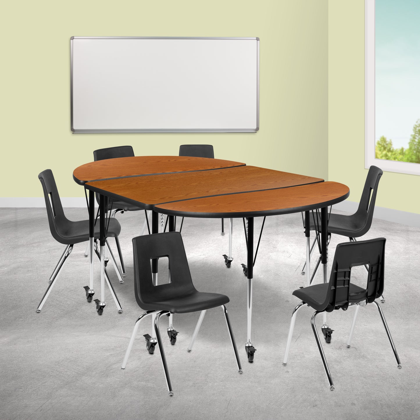Emmy Mobile 76" Oval Wave Flexible Laminate Activity Table Set with 18" Student Stack Chairs, Oak/Black Oak