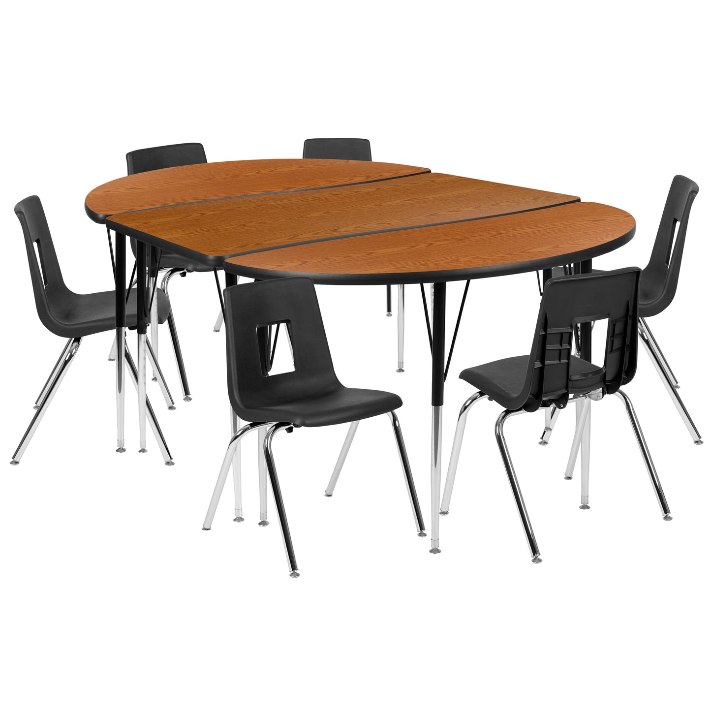 Emmy 76" Oval Wave Flexible Laminate Activity Table Set with 18" Student Stack Chairs, Oak/Black Oak