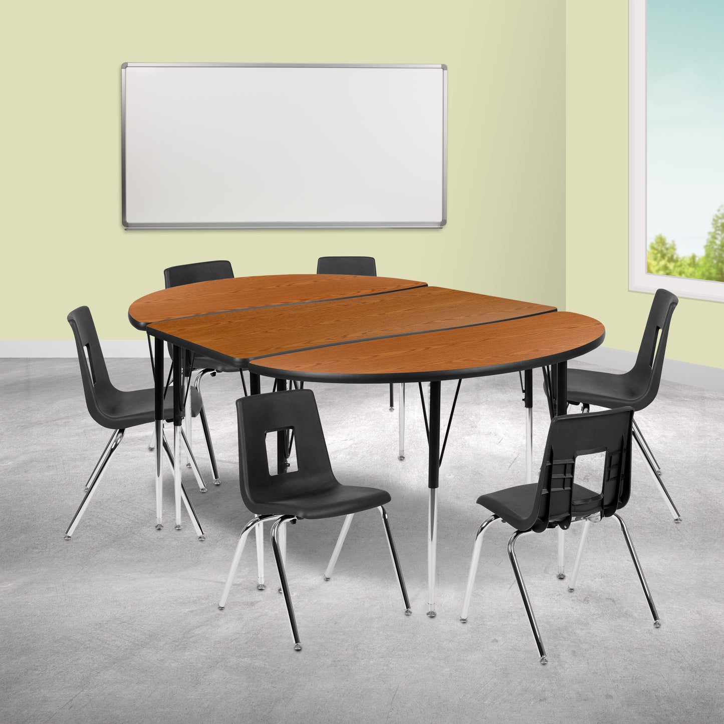 Emmy 76" Oval Wave Flexible Laminate Activity Table Set with 18" Student Stack Chairs, Oak/Black Oak