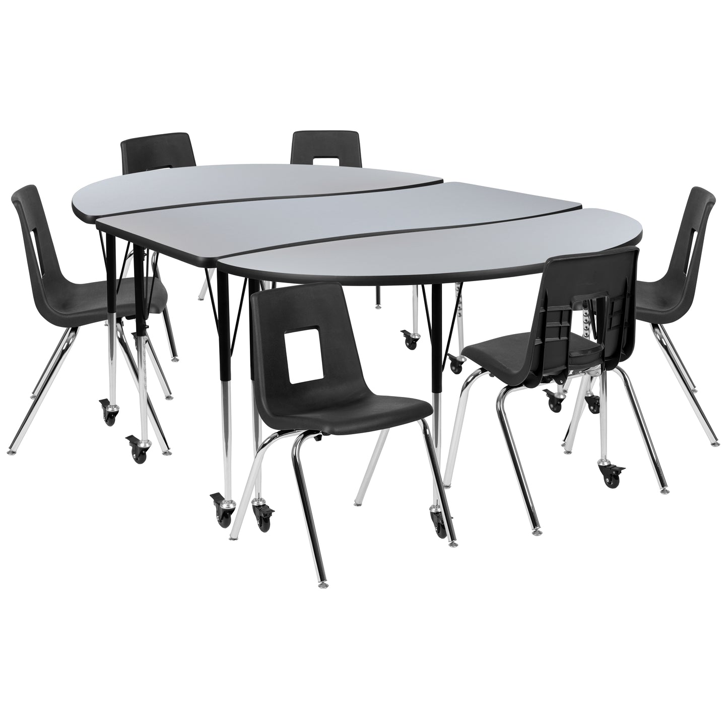Emmy Mobile 86" Oval Wave Flexible Laminate Activity Table Set with 18" Student Stack Chairs, Grey/Black Grey