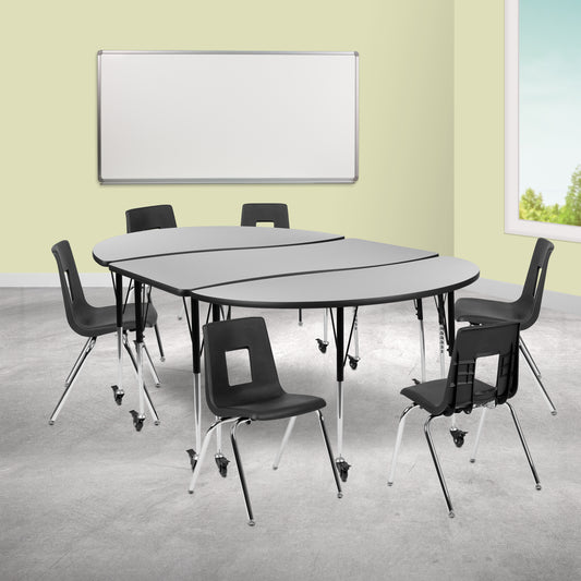 Emmy Mobile 86" Oval Wave Flexible Laminate Activity Table Set with 18" Student Stack Chairs, Grey/Black Grey