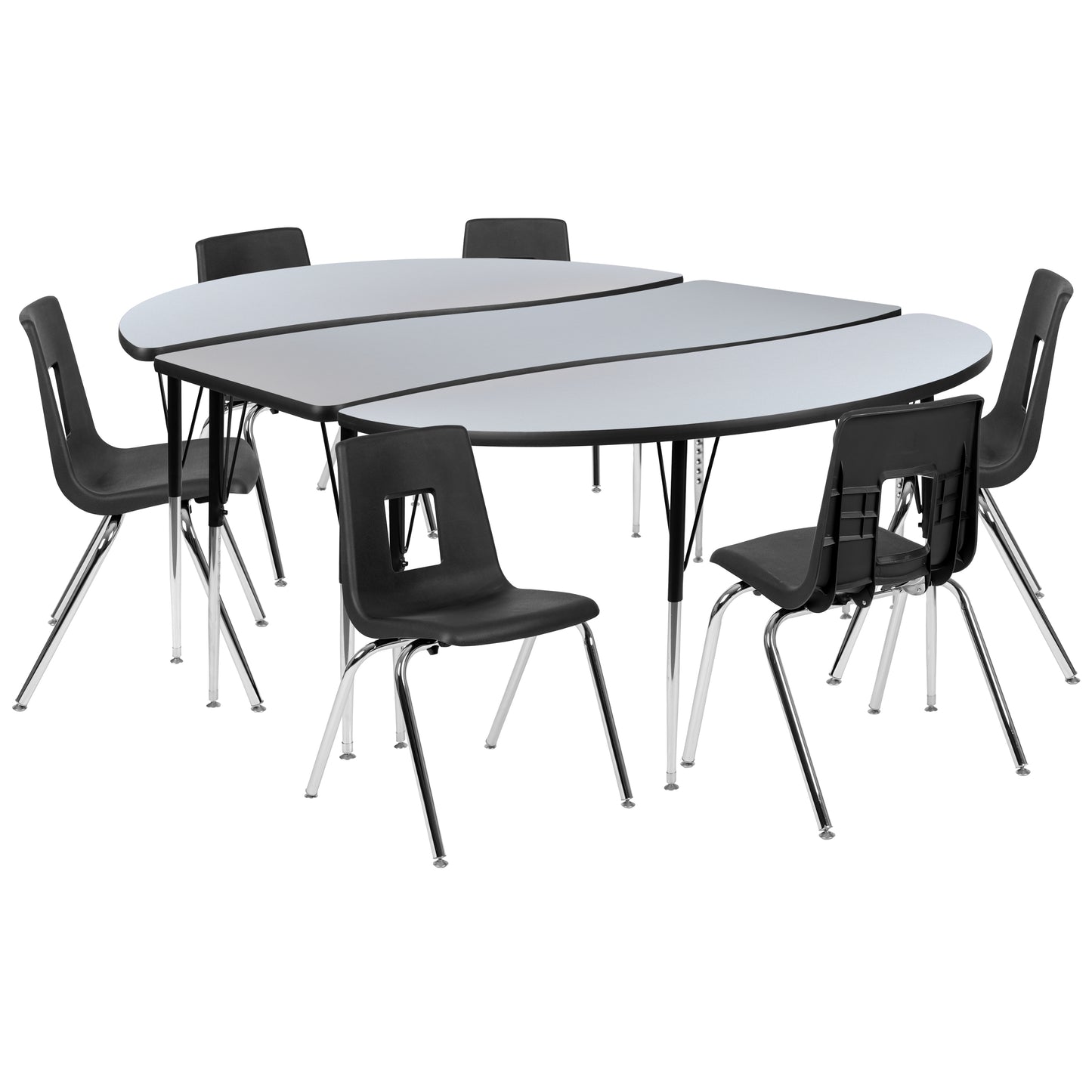 Emmy 86" Oval Wave Flexible Laminate Activity Table Set with 18" Student Stack Chairs, Grey/Black Grey