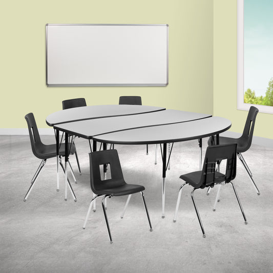 Emmy 86" Oval Wave Flexible Laminate Activity Table Set with 18" Student Stack Chairs, Grey/Black Grey
