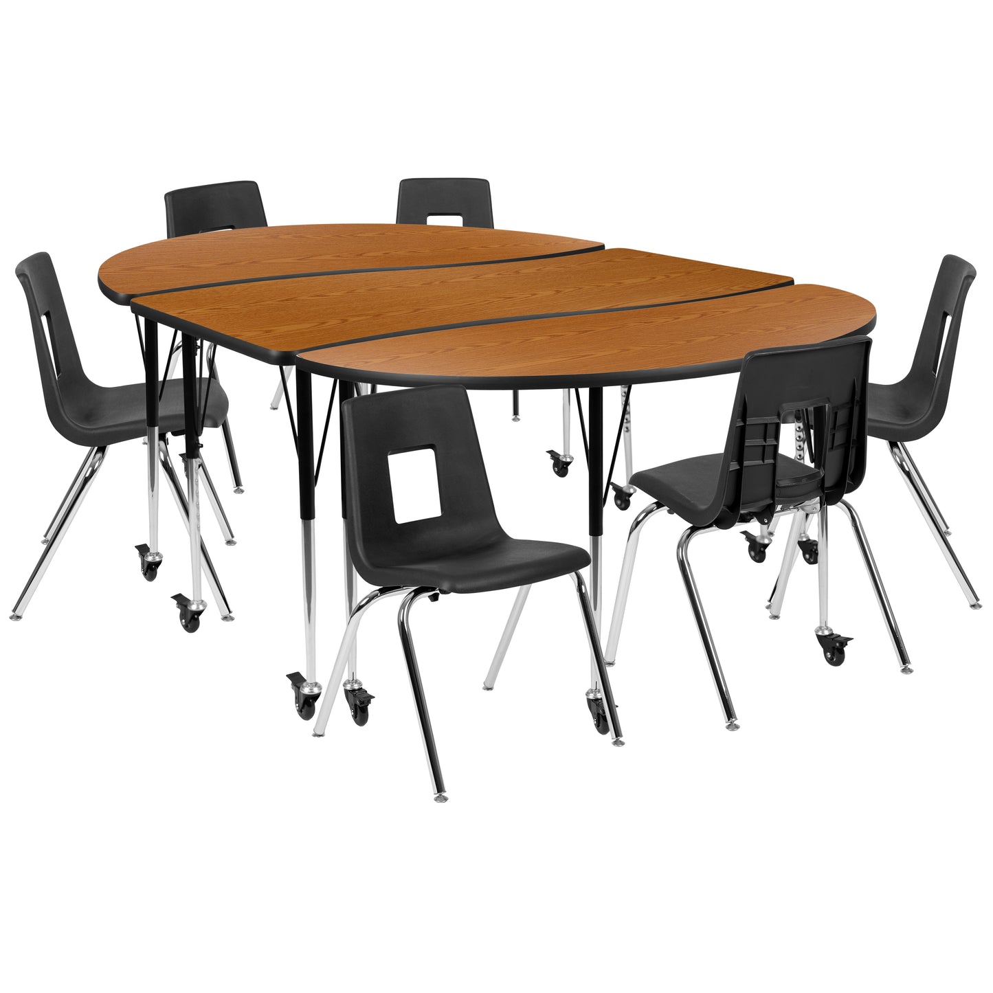 Emmy Mobile 86" Oval Wave Flexible Laminate Activity Table Set with 18" Student Stack Chairs, Oak/Black Oak