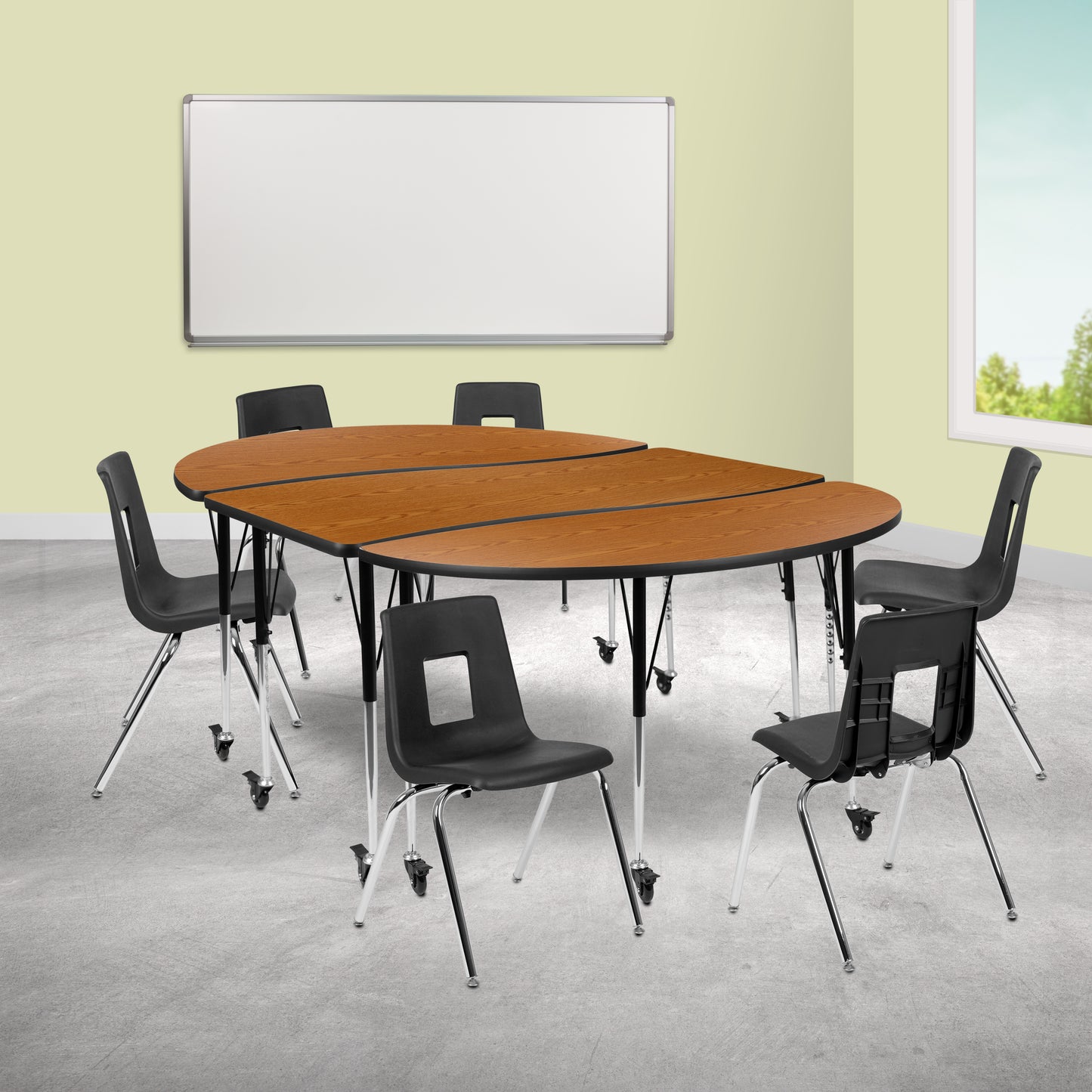 Emmy Mobile 86" Oval Wave Flexible Laminate Activity Table Set with 18" Student Stack Chairs, Oak/Black Oak