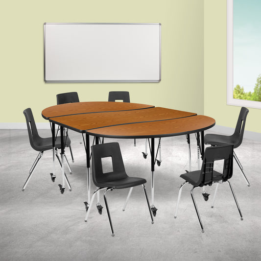 Emmy Mobile 86" Oval Wave Flexible Laminate Activity Table Set with 18" Student Stack Chairs, Oak/Black Oak