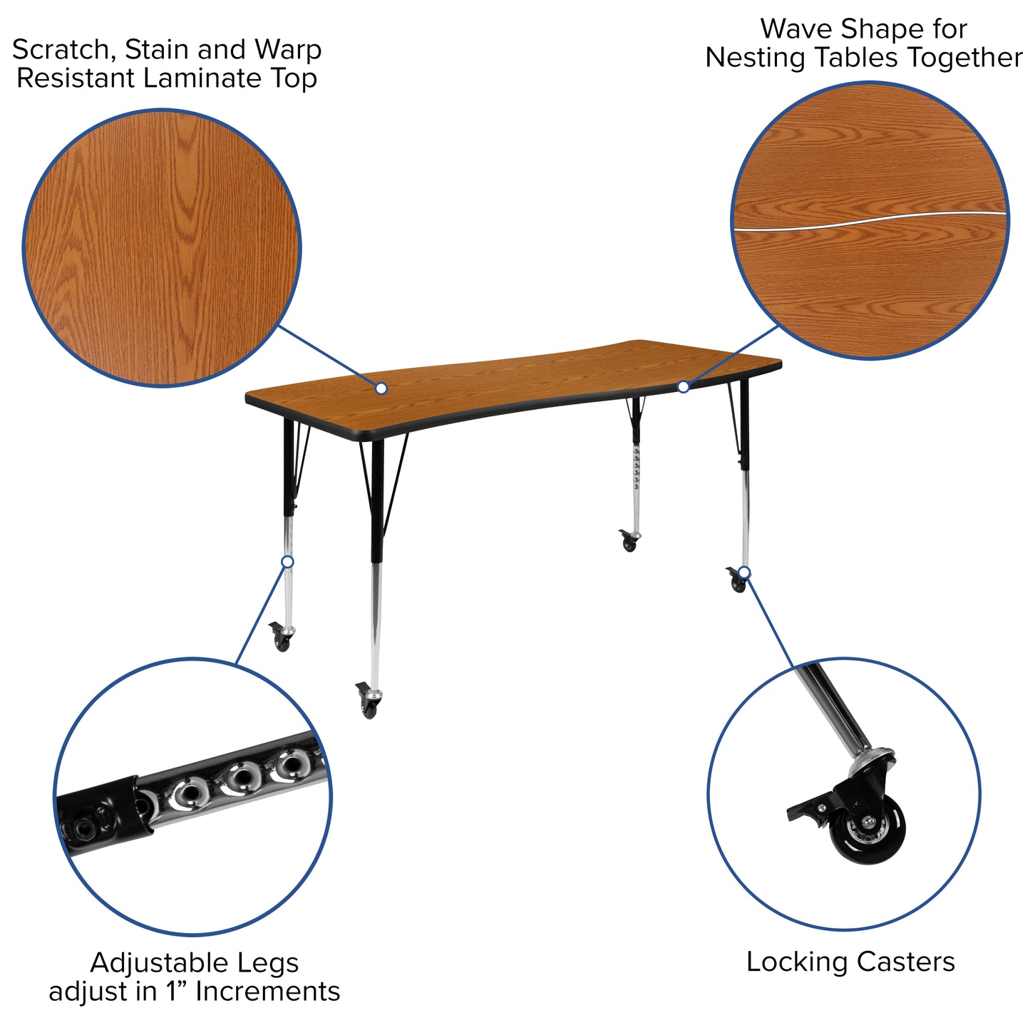 Emmy Mobile 86" Oval Wave Flexible Laminate Activity Table Set with 18" Student Stack Chairs, Oak/Black Oak