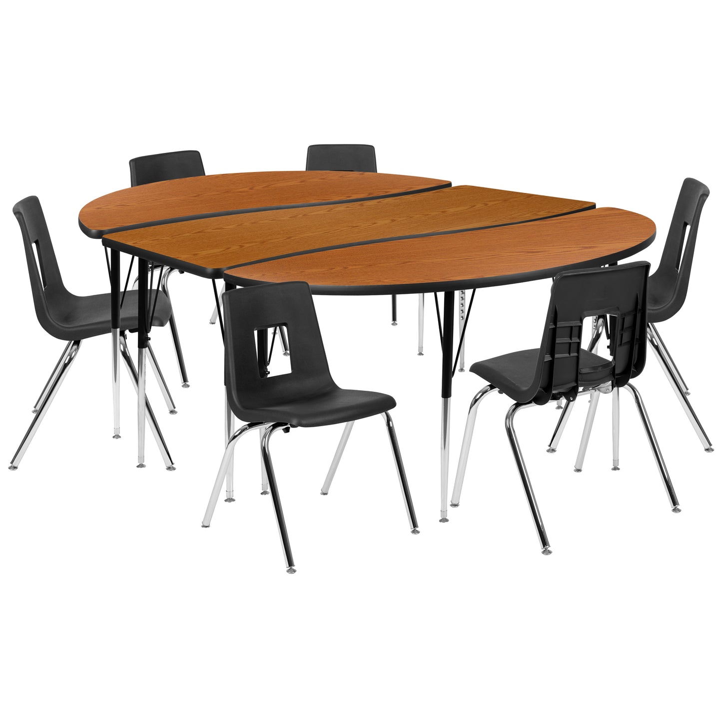 Emmy 86" Oval Wave Flexible Laminate Activity Table Set with 18" Student Stack Chairs, Oak/Black Oak