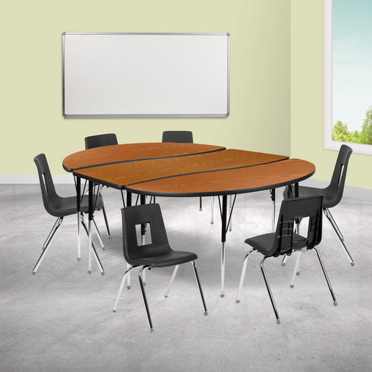 Emmy 86" Oval Wave Flexible Laminate Activity Table Set with 18" Student Stack Chairs, Oak/Black Oak