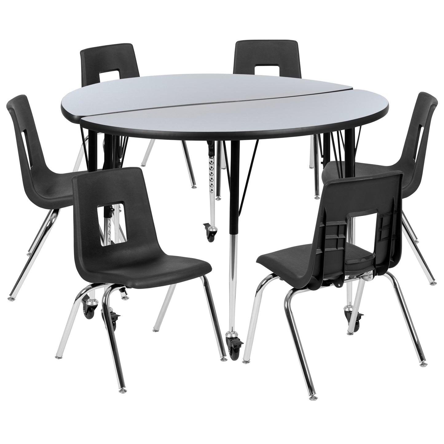 Emmy Mobile 47.5" Circle Wave Flexible Laminate Activity Table Set with 18" Student Stack Chairs, Grey/Black Grey