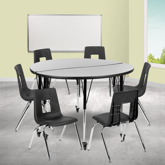 Emmy Mobile 47.5" Circle Wave Flexible Laminate Activity Table Set with 18" Student Stack Chairs, Grey/Black Grey