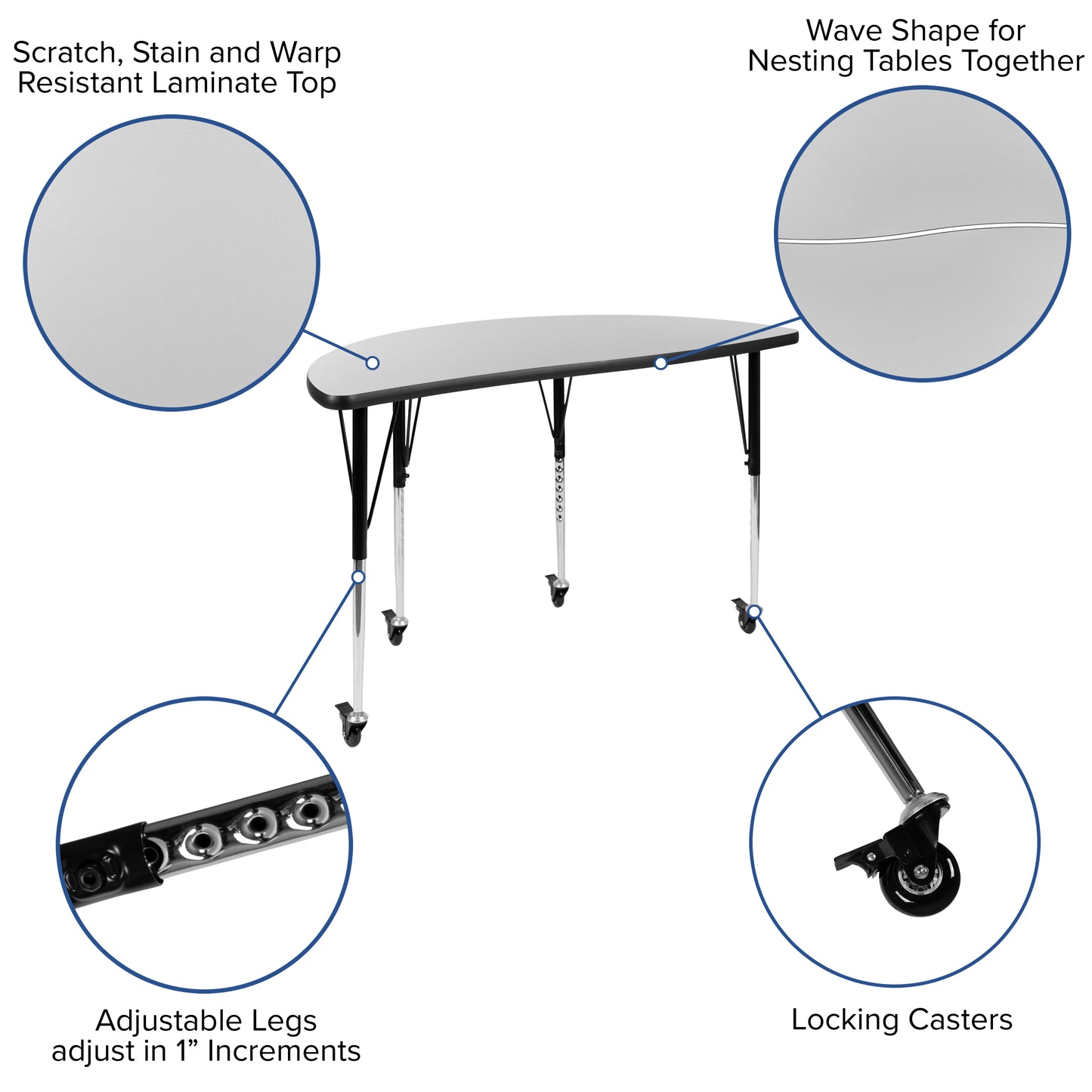Emmy Mobile 47.5" Circle Wave Flexible Laminate Activity Table Set with 18" Student Stack Chairs, Grey/Black Grey