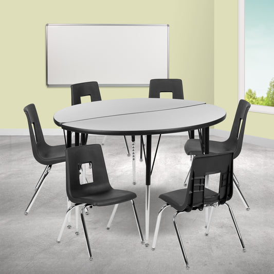 Emmy 47.5" Circle Wave Flexible Laminate Activity Table Set with 18" Student Stack Chairs, Grey/Black Grey
