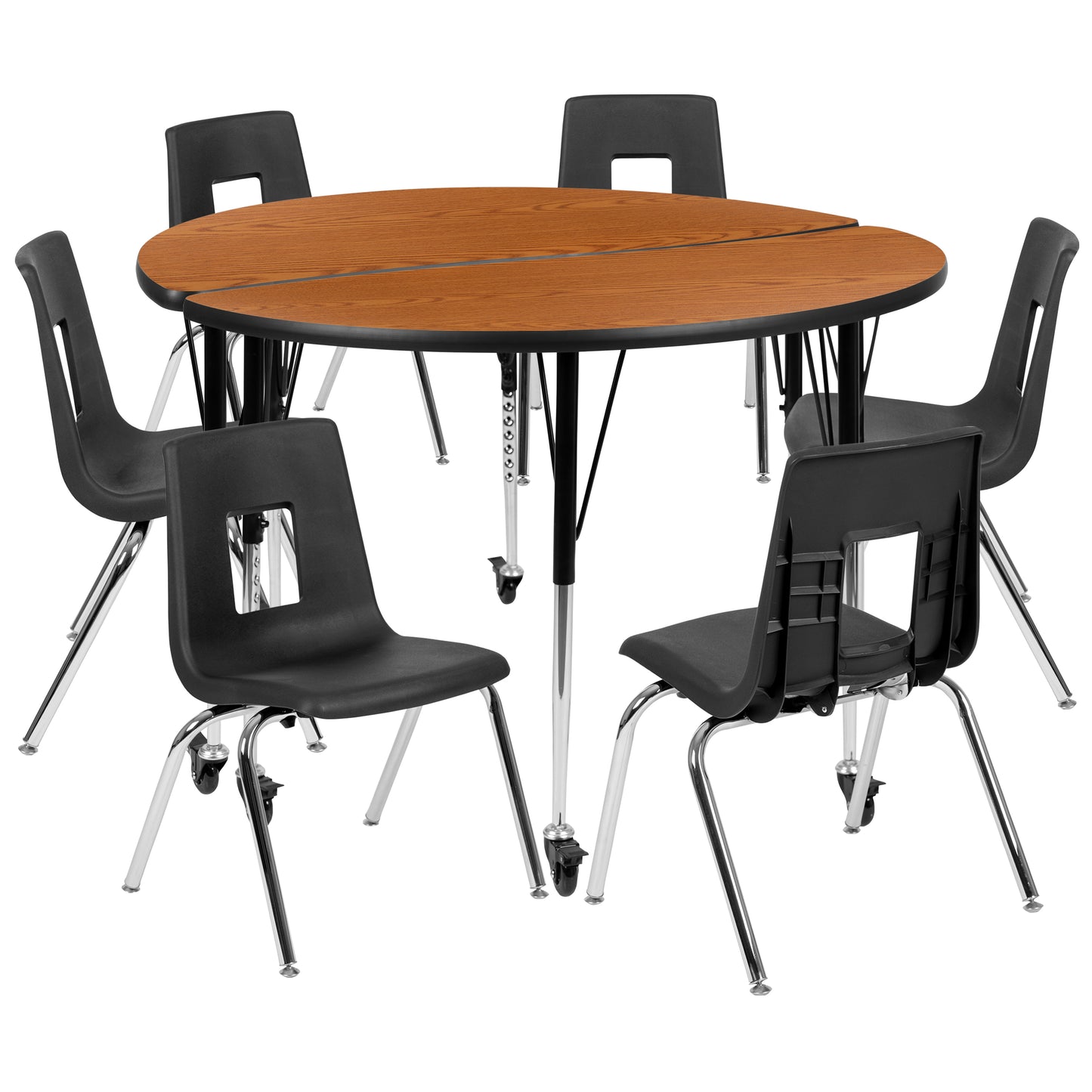 Emmy Mobile 47.5" Circle Wave Flexible Laminate Activity Table Set with 18" Student Stack Chairs, Oak/Black Oak