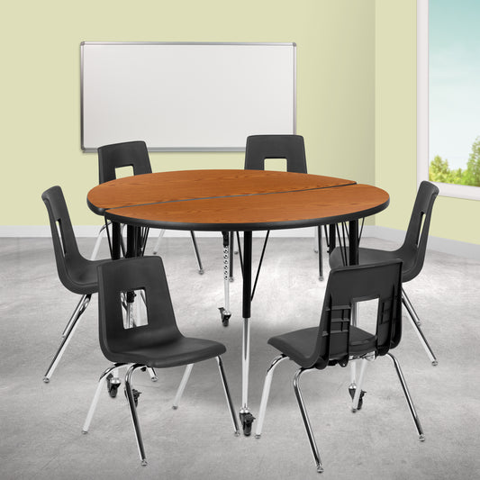Emmy Mobile 47.5" Circle Wave Flexible Laminate Activity Table Set with 18" Student Stack Chairs, Oak/Black Oak