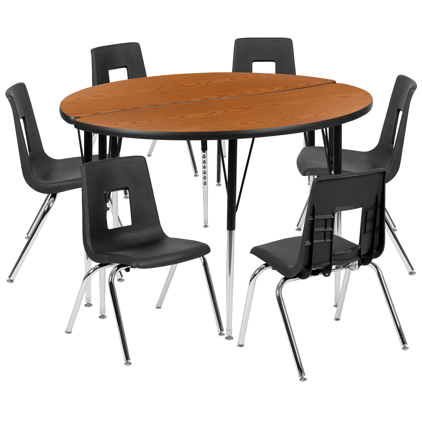 Emmy 47.5" Circle Wave Flexible Laminate Activity Table Set with 18" Student Stack Chairs, Oak/Black Oak