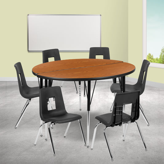 Emmy 47.5" Circle Wave Flexible Laminate Activity Table Set with 18" Student Stack Chairs, Oak/Black Oak