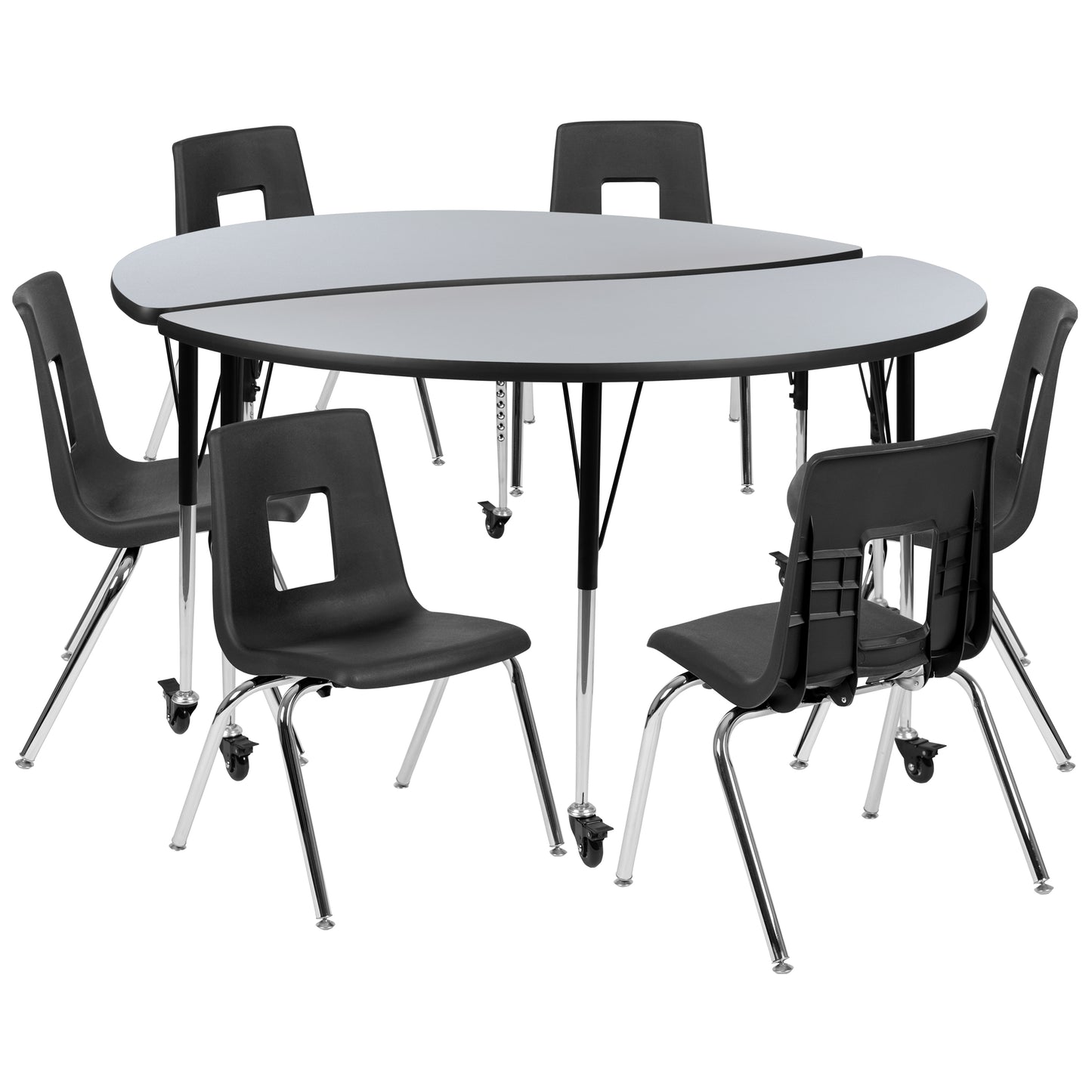 Emmy Mobile 60" Circle Wave Flexible Laminate Activity Table Set with 18" Student Stack Chairs, Grey/Black Grey XU-GRP-18CH-A60-HCIRC-GY-T-A-CAS-GG