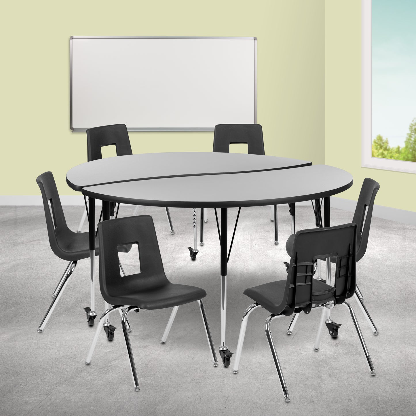 Emmy Mobile 60" Circle Wave Flexible Laminate Activity Table Set with 18" Student Stack Chairs, Grey/Black Grey XU-GRP-18CH-A60-HCIRC-GY-T-A-CAS-GG