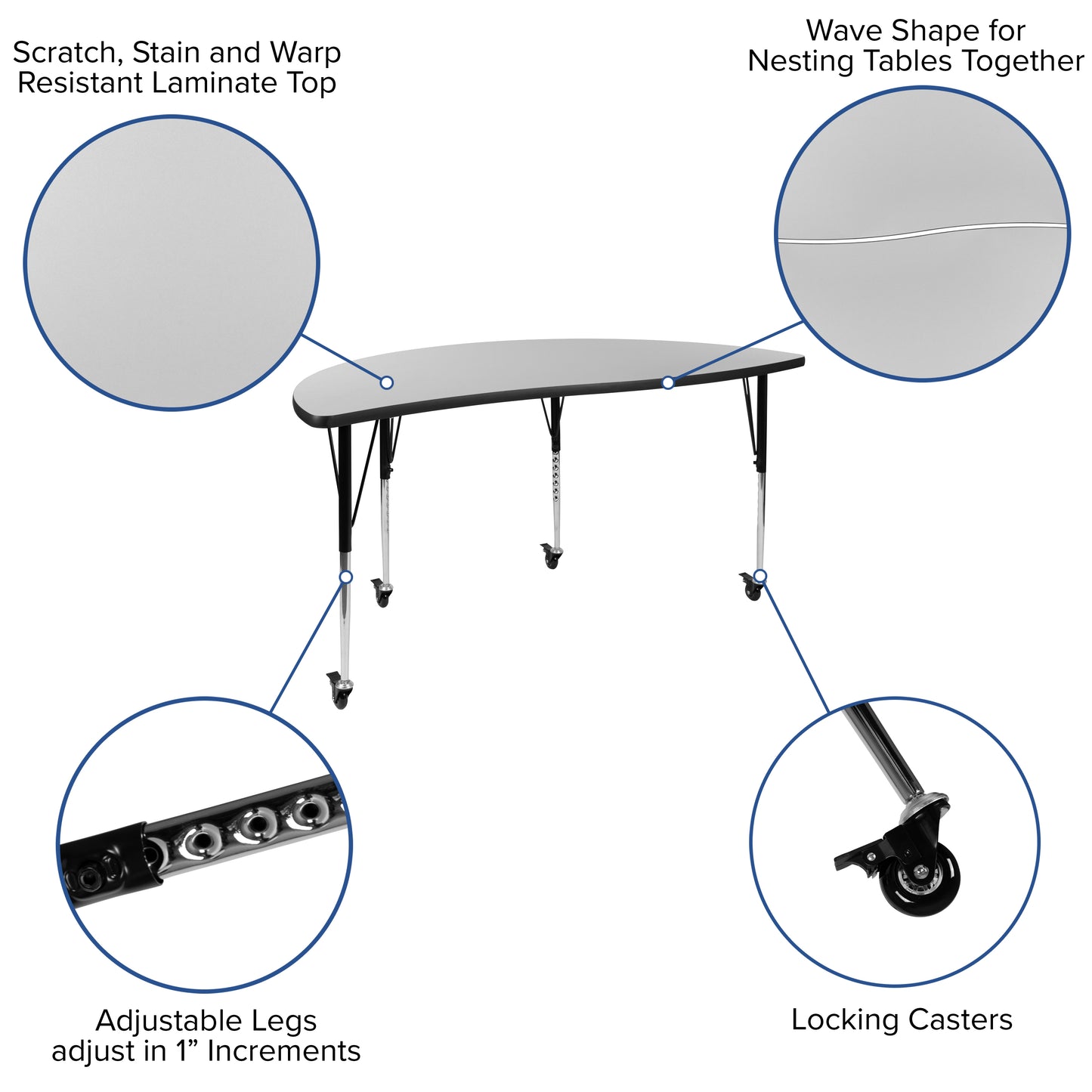 Emmy Mobile 60" Circle Wave Flexible Laminate Activity Table Set with 18" Student Stack Chairs, Grey/Black Grey XU-GRP-18CH-A60-HCIRC-GY-T-A-CAS-GG
