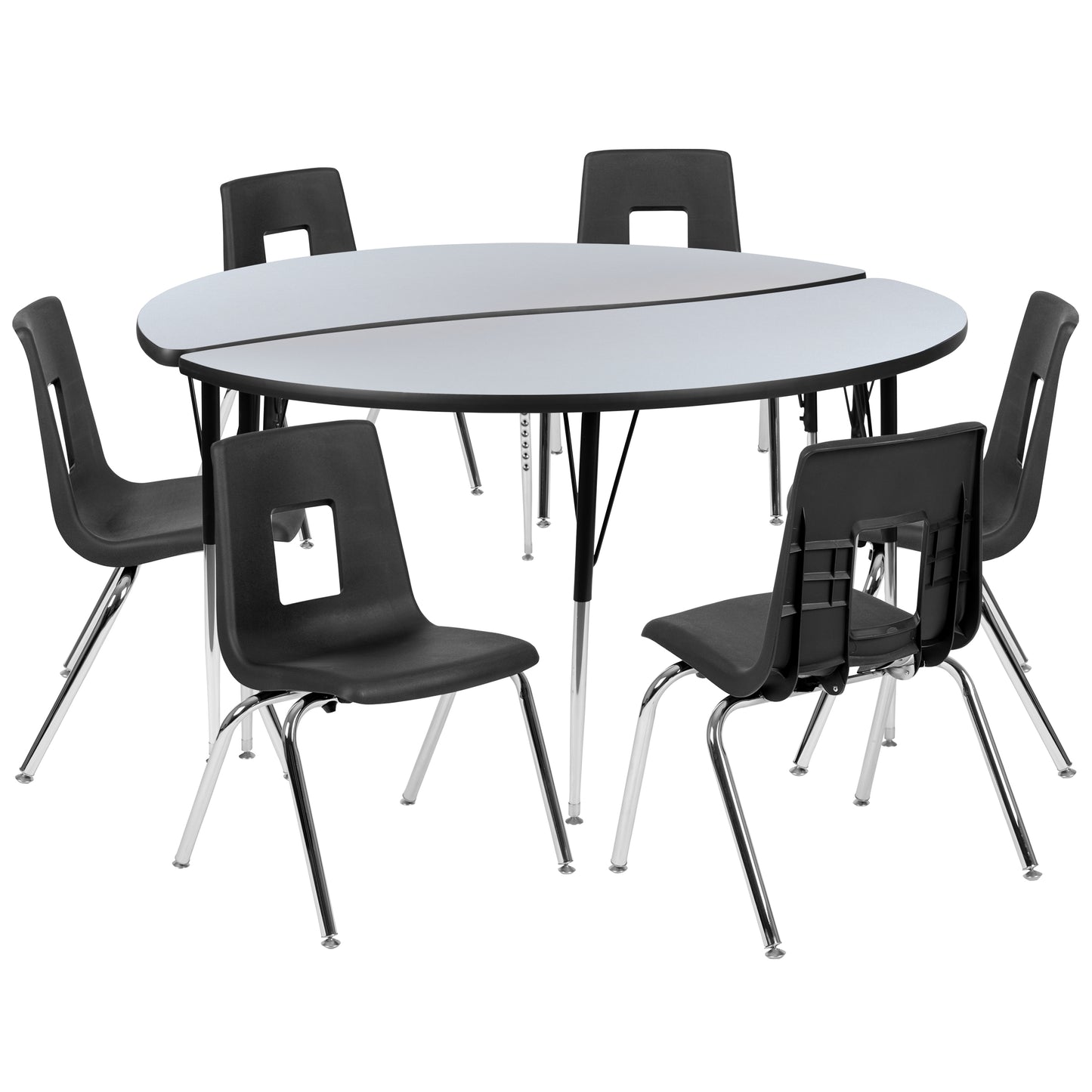 Emmy 60" Circle Wave Flexible Laminate Activity Table Set with 18" Student Stack Chairs, Grey/Black Grey