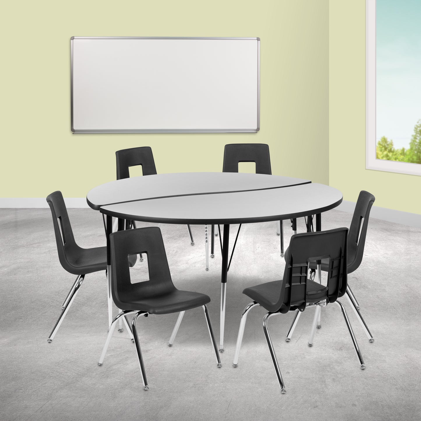 Emmy 60" Circle Wave Flexible Laminate Activity Table Set with 18" Student Stack Chairs, Grey/Black Grey
