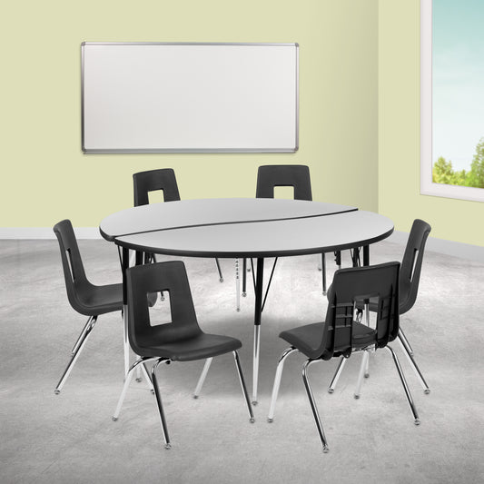 Emmy 60" Circle Wave Flexible Laminate Activity Table Set with 18" Student Stack Chairs, Grey/Black Grey