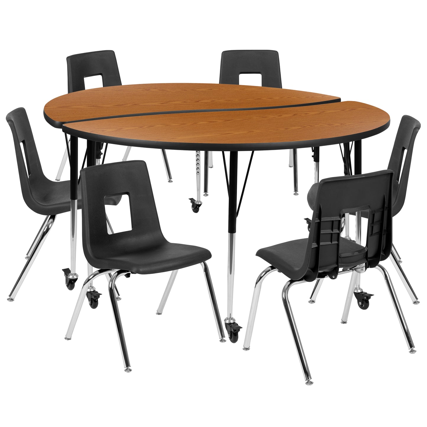 Emmy Mobile 60" Circle Wave Flexible Laminate Activity Table Set with 18" Student Stack Chairs, Oak/Black Oak