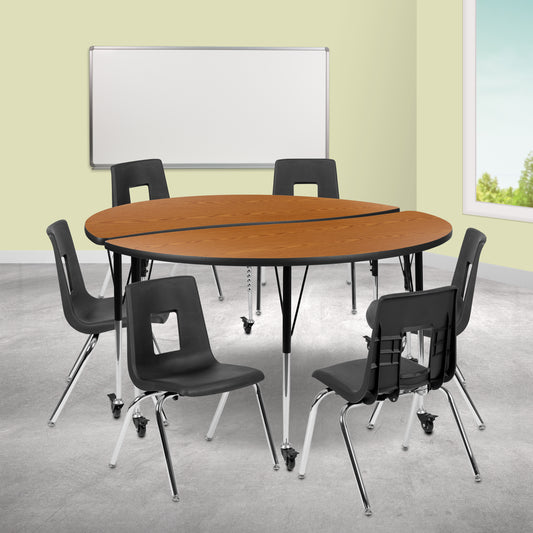 Emmy Mobile 60" Circle Wave Flexible Laminate Activity Table Set with 18" Student Stack Chairs, Oak/Black Oak