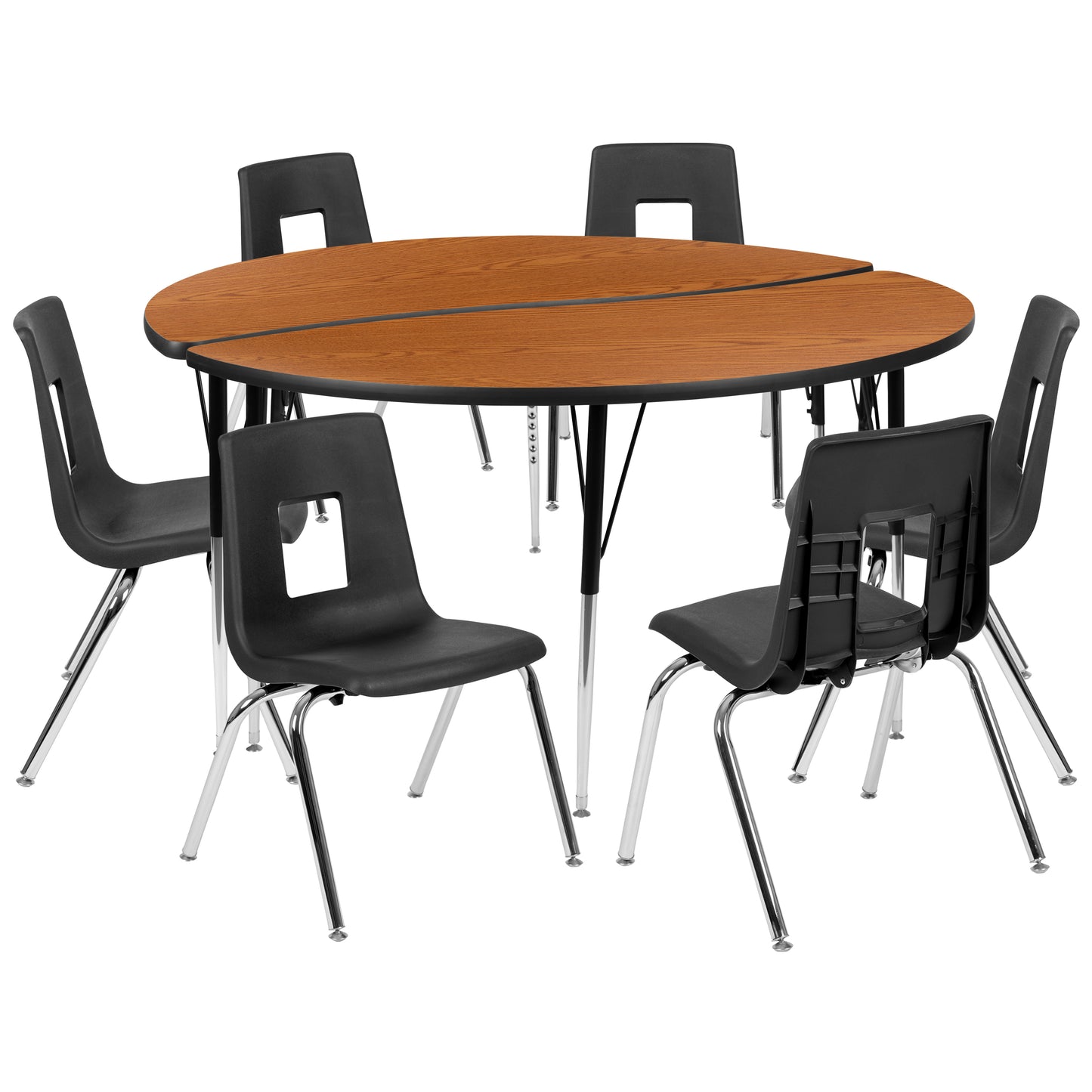 Emmy 60" Circle Wave Flexible Laminate Activity Table Set with 18" Student Stack Chairs, Oak/Black Oak